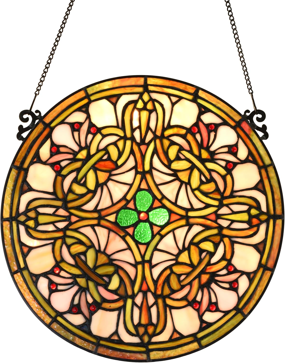 Tree of Life Tiffany Style Stained Glass Window Panel (KP122N), Yellow Sun Flower Design, Round Hanging Decorative Panel, 12" Diameter