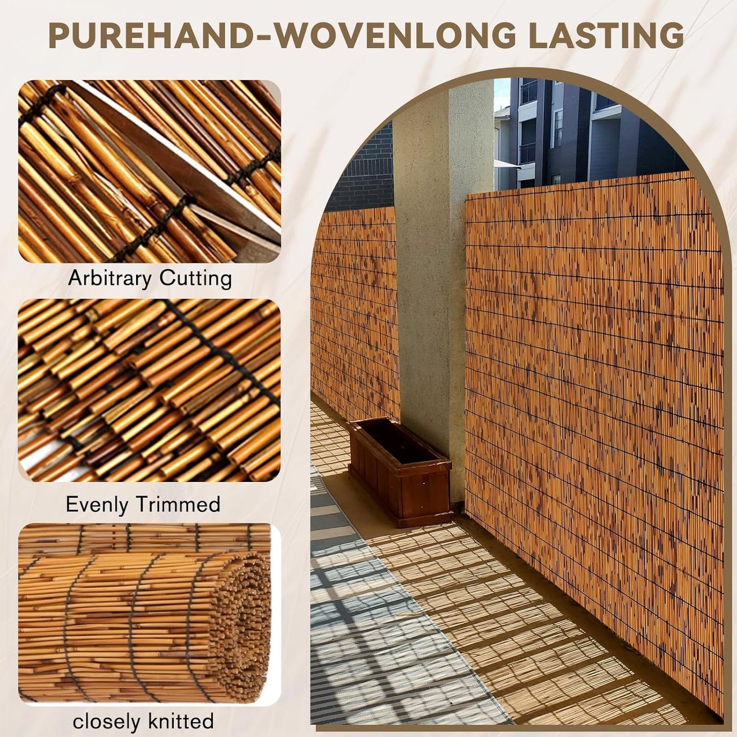 Bamboo Reed Fencing, Light Russet Bamboo Fence Rolls 3 Feet High, Decorative Reed Curtains Privacy Screen Outdoor for Patio Garden Balcony Backyard, 3 x 16 FT (2 Pcs)