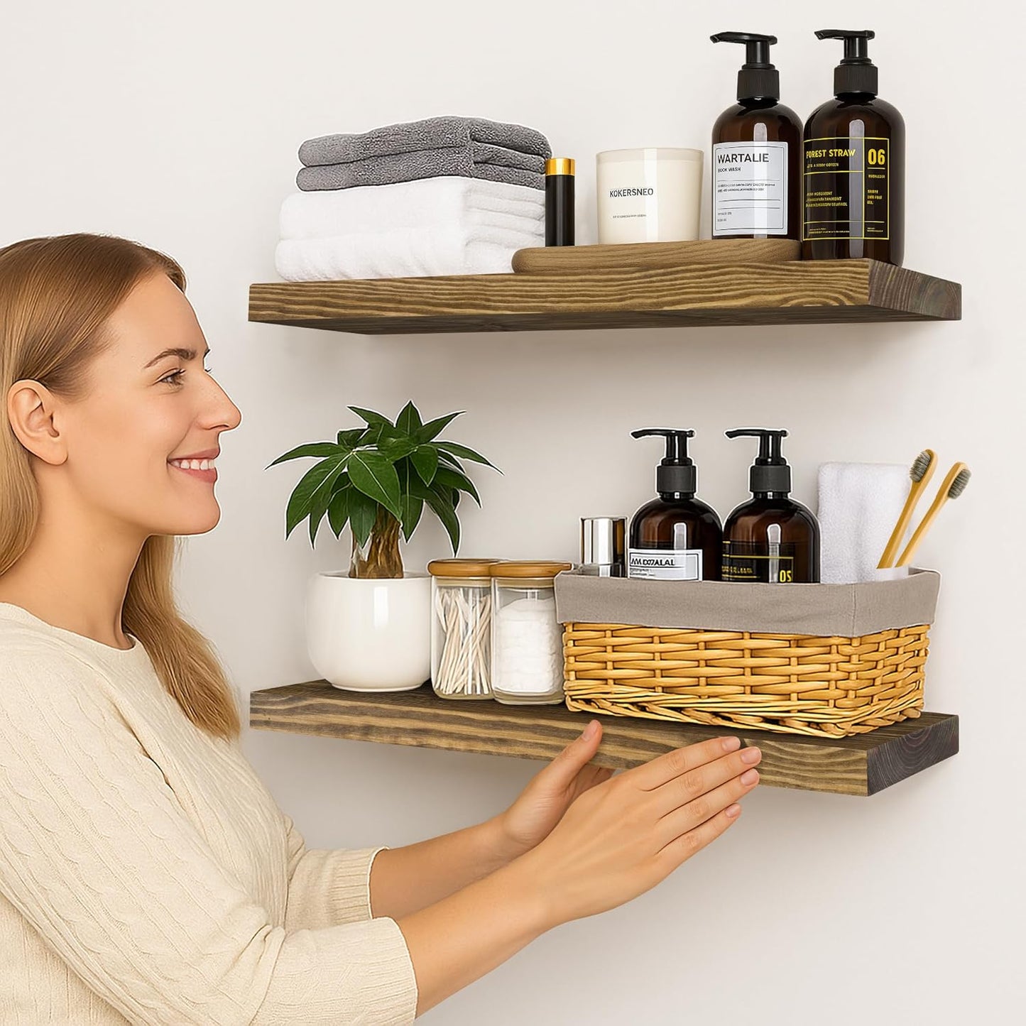 BGMG Wood Floating Shelves 30 inch for Wall Set of 2, Rustic Wooden Wall Mount Shelves for Bathroom Living Room Bedroom Kitchen Farmhouse -30x 6.7 x1.25 inch- Walnut Color