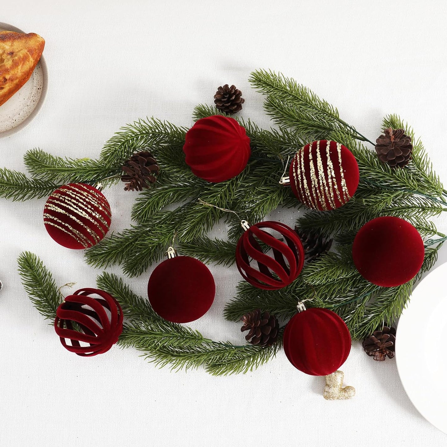 Christmas Ornaments Set of 12, 3.15" Flocked Velvet Balls with Hand Painted Designs, Burgundy Elegant Christmas Tree Decorations in Gift Box