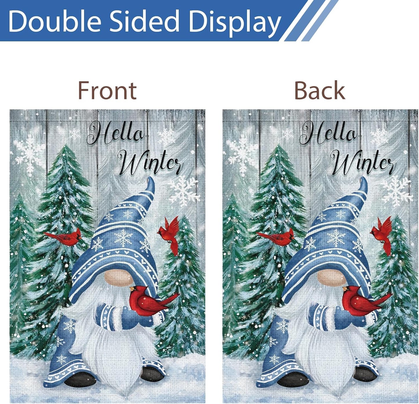 Hello Winter Gnome Garden Flag 12x18 Double Sided Burlap Cardinals Snowflakes Snow Yard Flags for Christmas Seasonal Outside Outdoor House Decoration (ONLY FLAG)