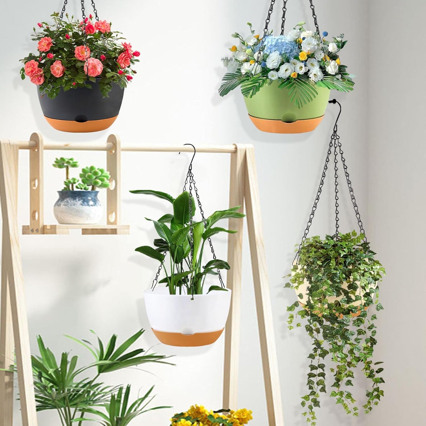 8/10/12 inch Hanging Planters for Indoor Outdoor Plants with Self-Watering Pots, 3 Pack Plastic Hanging Basket with Removable Tray for Home Garden Porch Balcony Patio Decor(White)