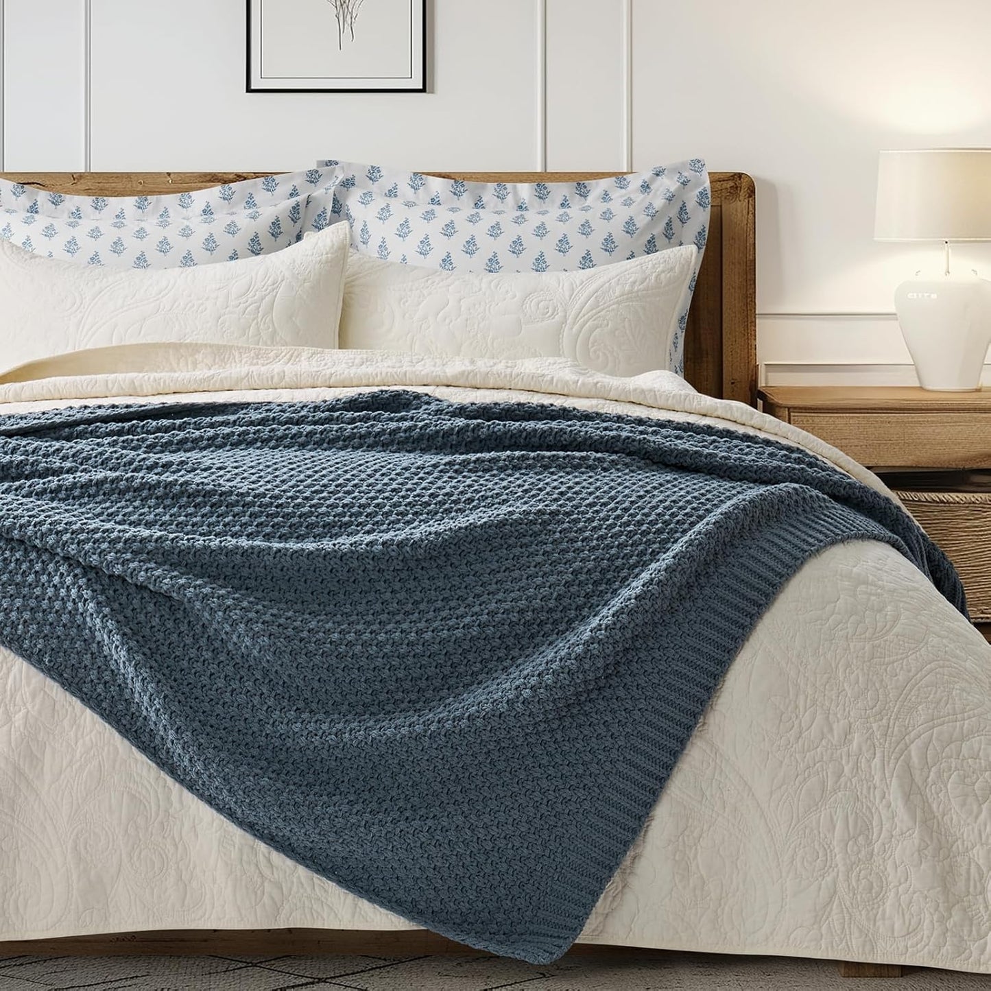 Chunky Chenille Knit Throw Blanket for Couch, Soft Luxurious Moss Stitch Blankets for Bed, Cozy Decorative Farmhouse Knitted Throws for Sofa, Stormy Blue, 60" x 80"