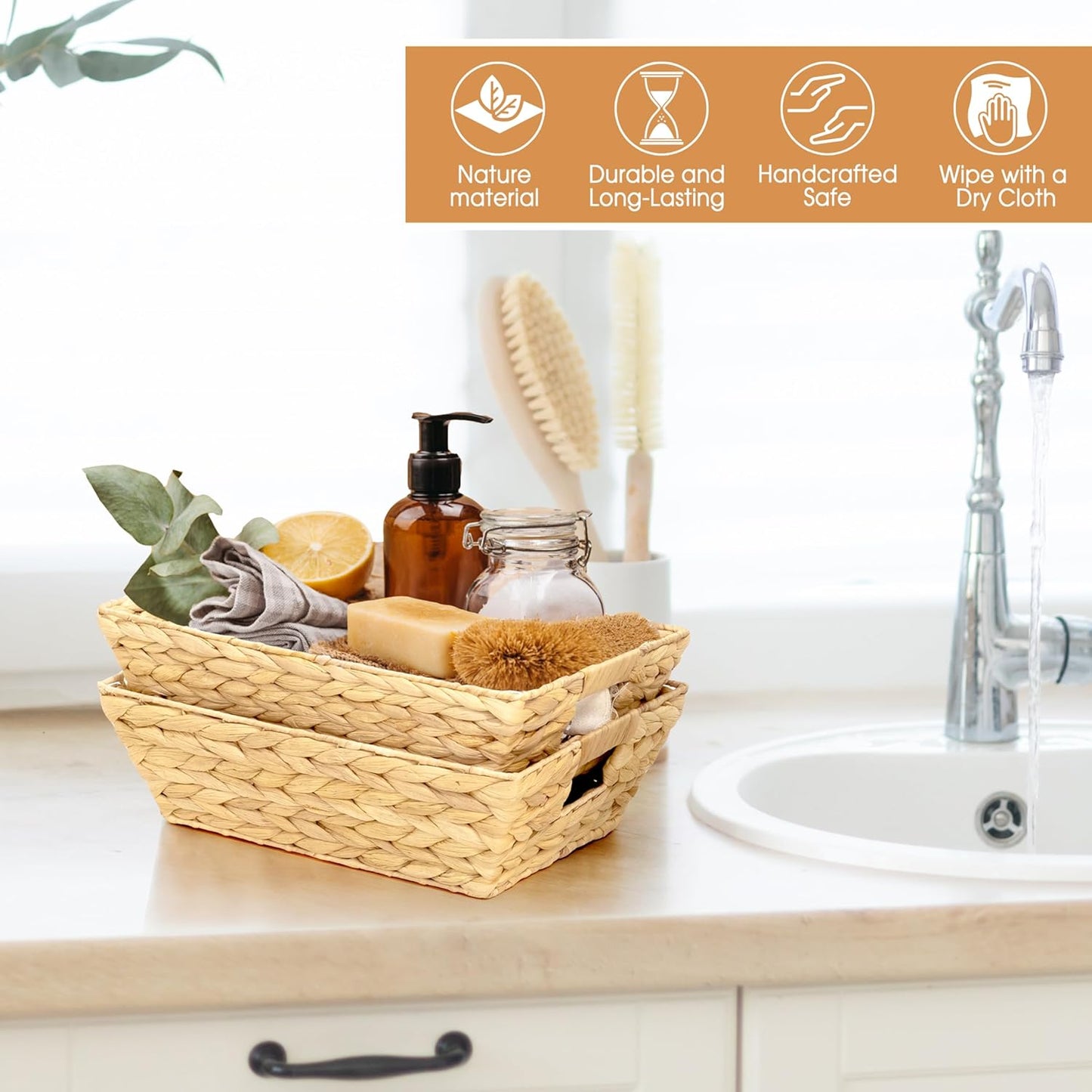 Set of 3 Snack Baskets, Wicker Snack Basket Organizer for Office, Small Wicker Baskets with Handles, (3 Medium Basket)