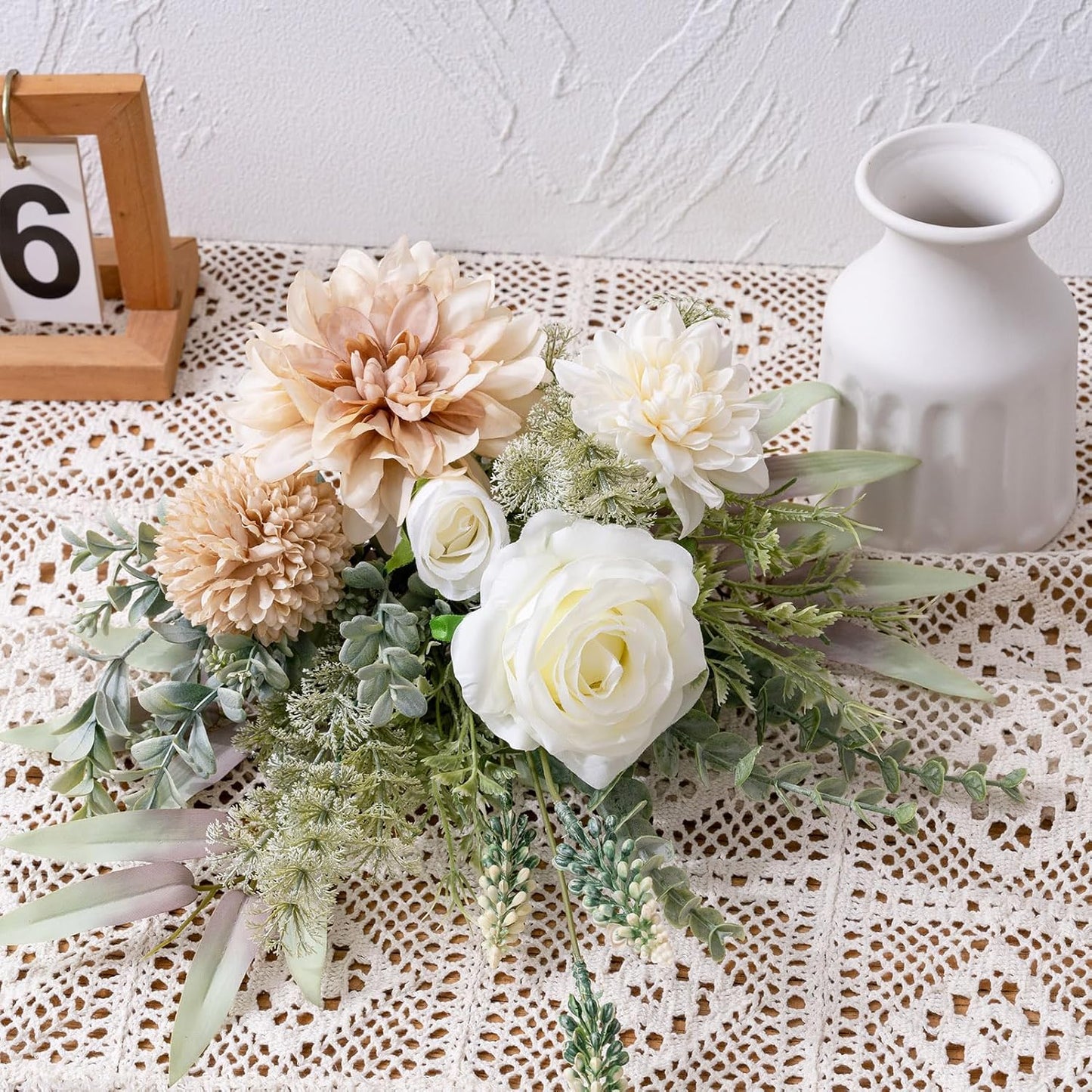 Fake Flowers in Vase, Artificial Flowers with Vase, 15.7'' Floral Arrangements for Dining Table Centerpiece Decor, Silk Roses & Faux Dahlia Bouquet for Farmfouse Kitchen Coffee Table Decor (Brown)