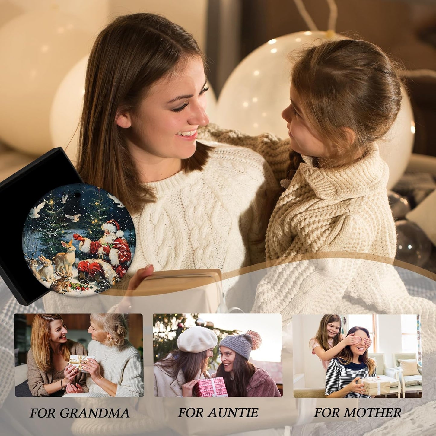 Vintage Christmas Santa Bunny Ceramic Ornament Gifts, Retro Rustic Winter Santa Bunny Decorative Hanging Ornaments for Xmas Tree Holiday Party Decoration, Winter Xmas Tree Decorations