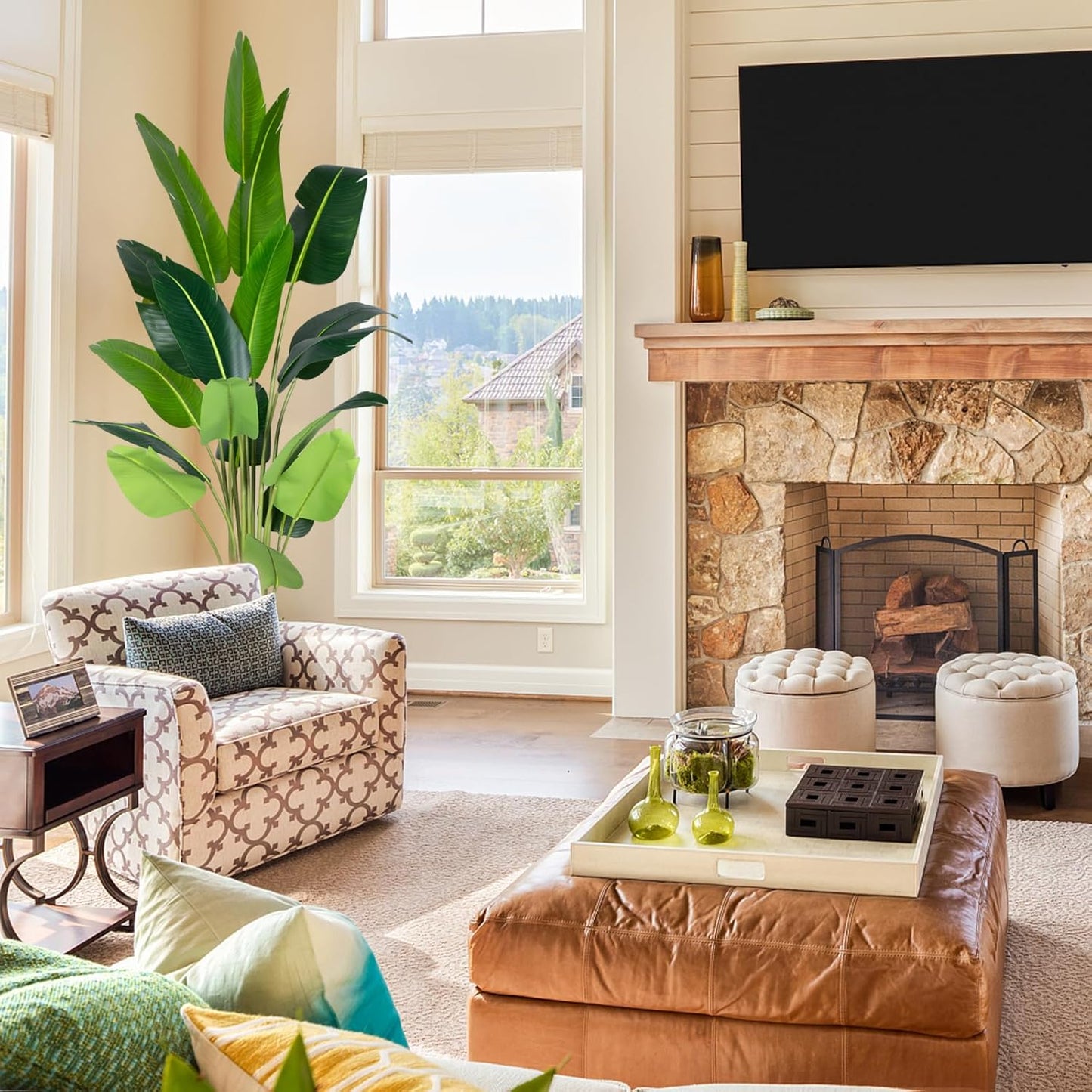 Artificial Bird of Paradise Plant 8Ft Fake Tropical Palm Tree with 18Trunks Faux Banana Leaf Trees in Pot for Home Indoor Outdoor Office Modern Decor Housewarming Gift