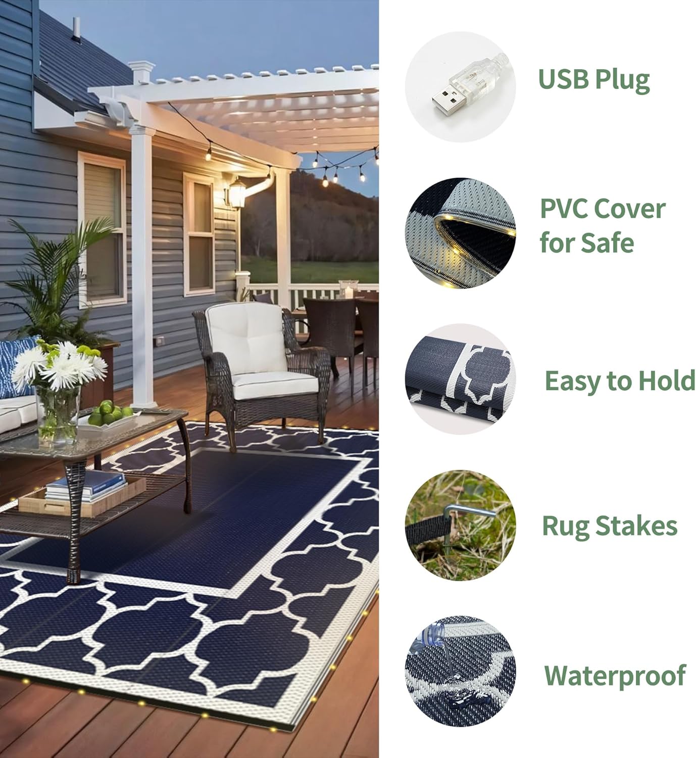 GENIMO 6' x 9' Outdoor Rug Waterproof for Patio Decor, Foldable Reversible Plastic Straw Area Rugs Mat with String Light, Led Carpet for Camper, Rv, Deck, Porch, Picnic, Beach, Balcony, Blue & White