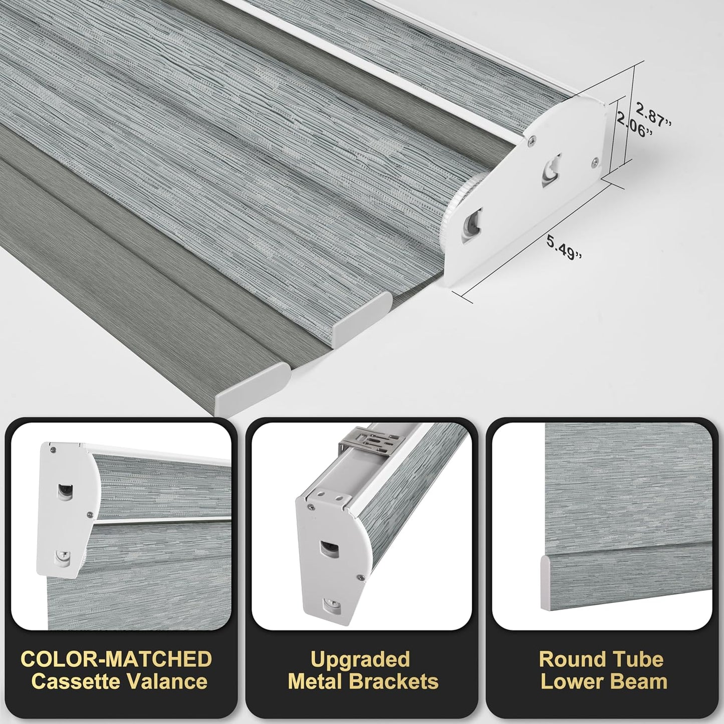 BERISSA Cordless Dual Roller Shades with Cassette Valance, Double Window Shades - Blackout and Light Filtering, Day and Night for Home Office Door. Striped Jacquard Grey. 67 W x 36" H