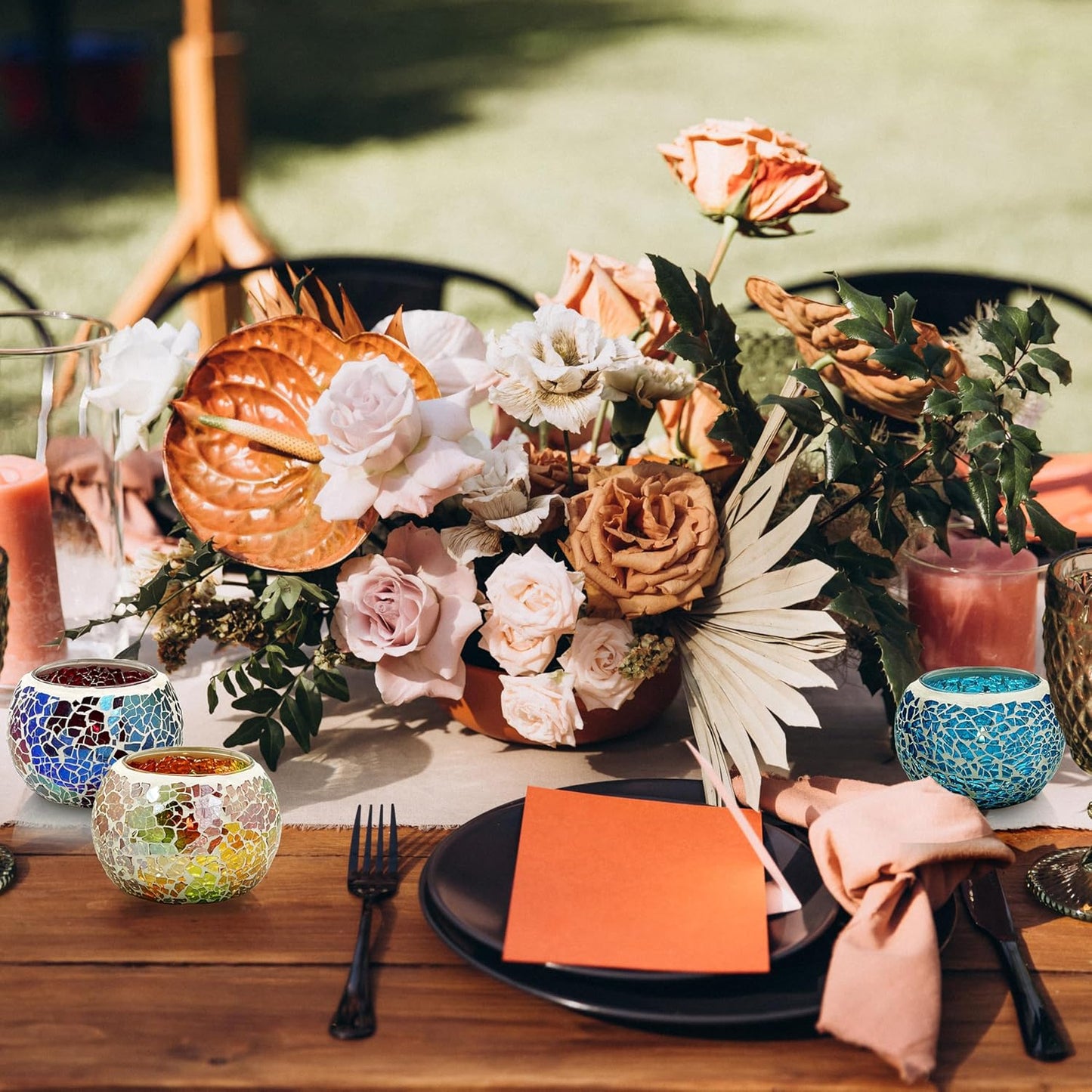 SHMILMH Mosaic Glass Candle Holder Set of 4, Votive Candle Holders Handmade Cracked Tealight Holders for Fall Christmas Diwali Home Decorations, Diwali Gift