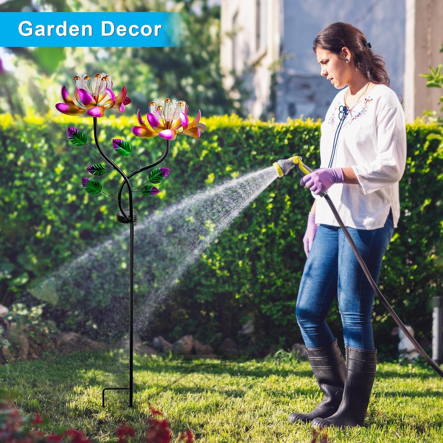 55'' Solar Powered Kinetic Wind Spinner Sculpture Pink Lotus Metal Stake Spinner for Patio, Lawn and Garden Decor Weather-Resistant Outdoor Art with Dual Lotus Design