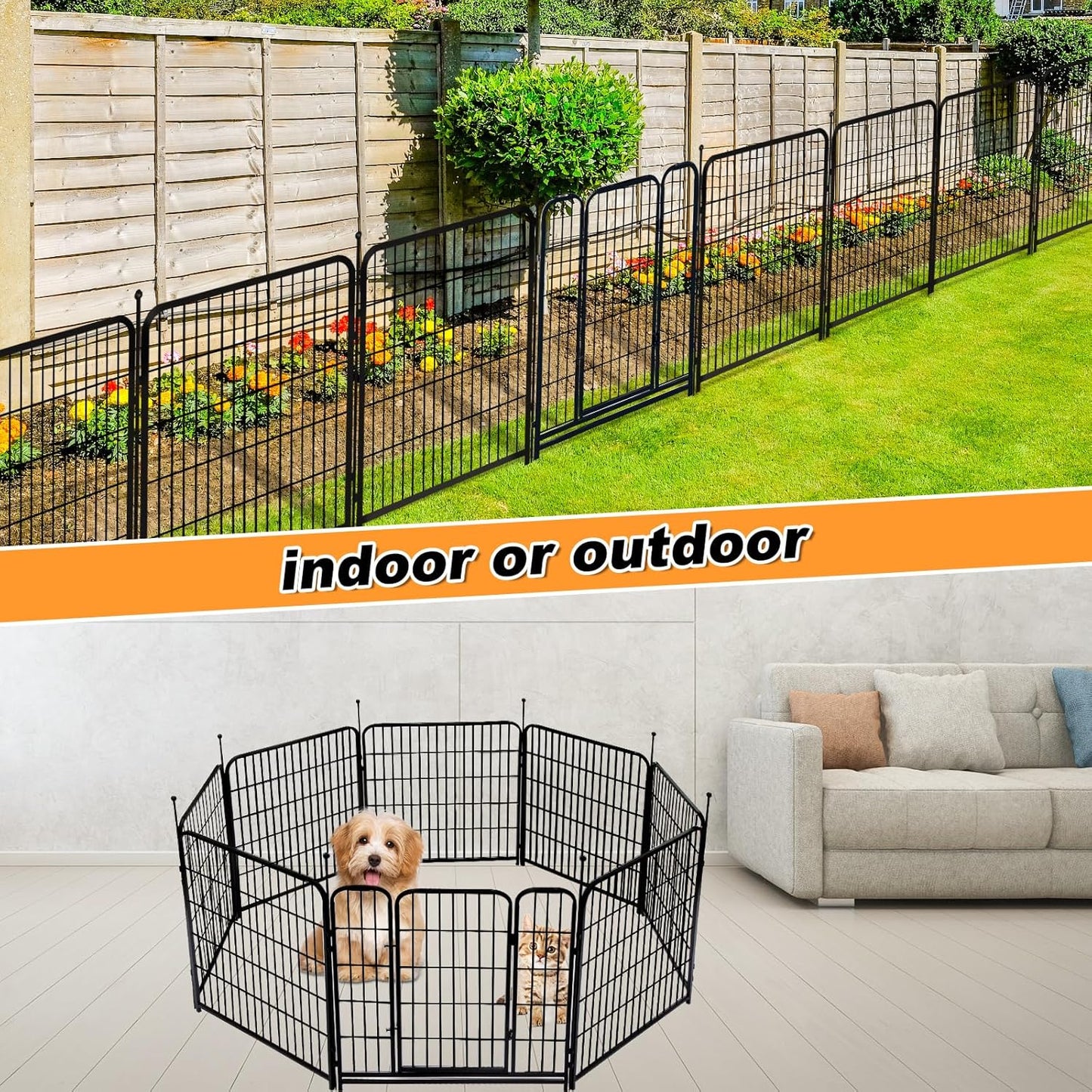 36 in(H) Garden Fence With Gate, Wide Gate Low Threshold, 8 Panels Total 17.7 ft(L) Heavy Duty Iron Animal Barrier Fence For Yard, Suitable For Indoor Or Outdoor Dog Fencing,Garden Border Fence