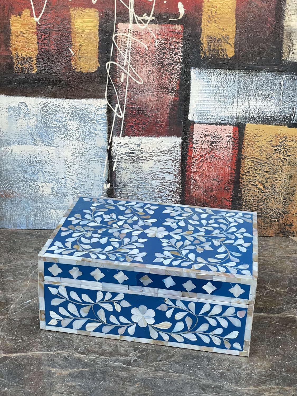 Decorative Storage Box Of Mother Of Pearl Inlay Floral Design Wooden Storage Box For Home Decoration For Living Dining & Bedroom (Navy Blue_12x8x5 inch)
