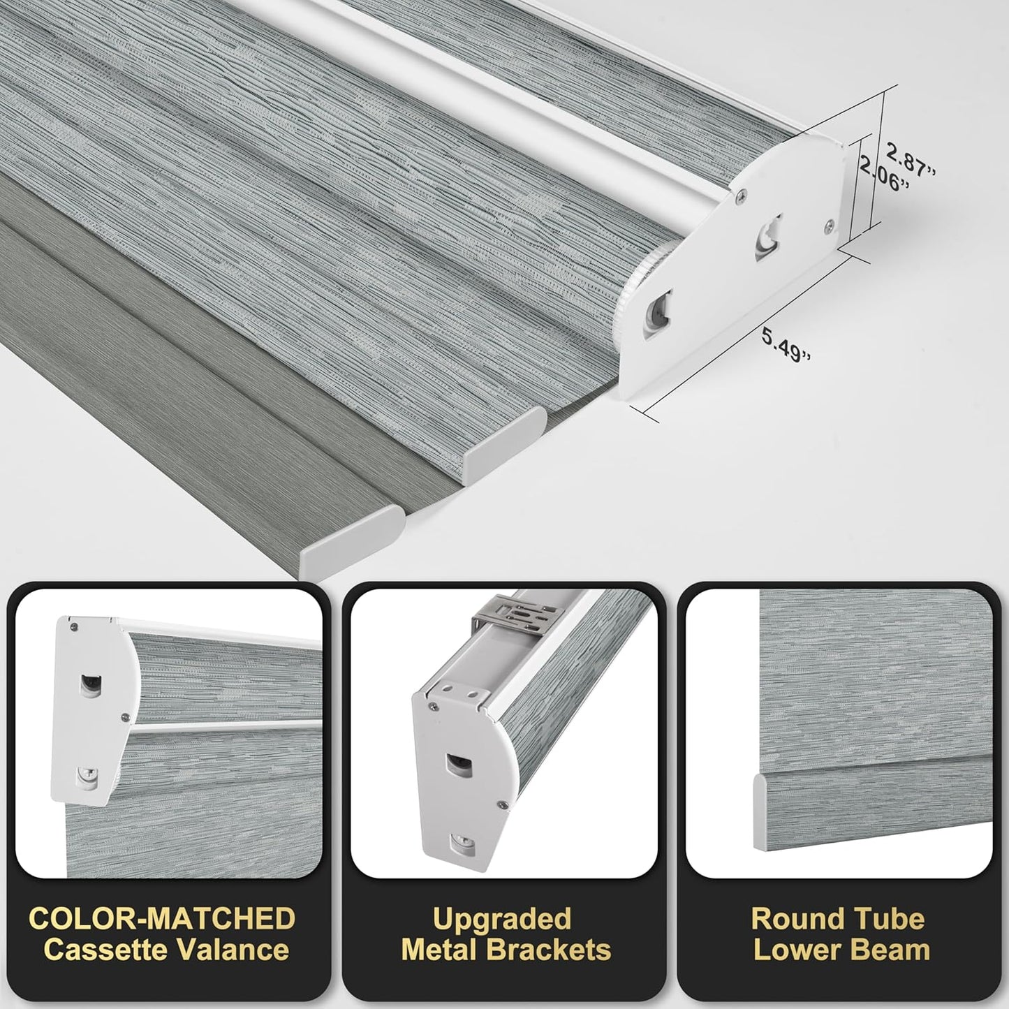 BERISSA Cordless Dual Roller Shades with Cassette Valance, Double Window Shades - Blackout and Light Filtering, Day and Night for Home Office Door. Striped Jacquard Grey. 64 W x 72" H