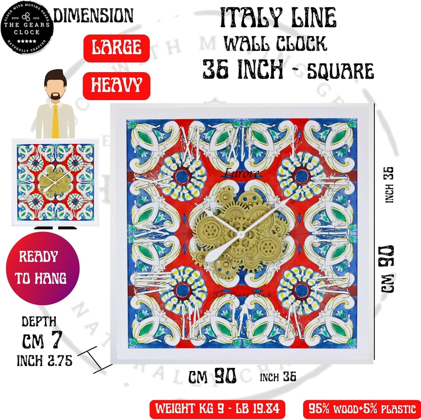 The Gears Clock Wall Clock Italy Collection with Moving Gears (Positano, 36 inch Square)