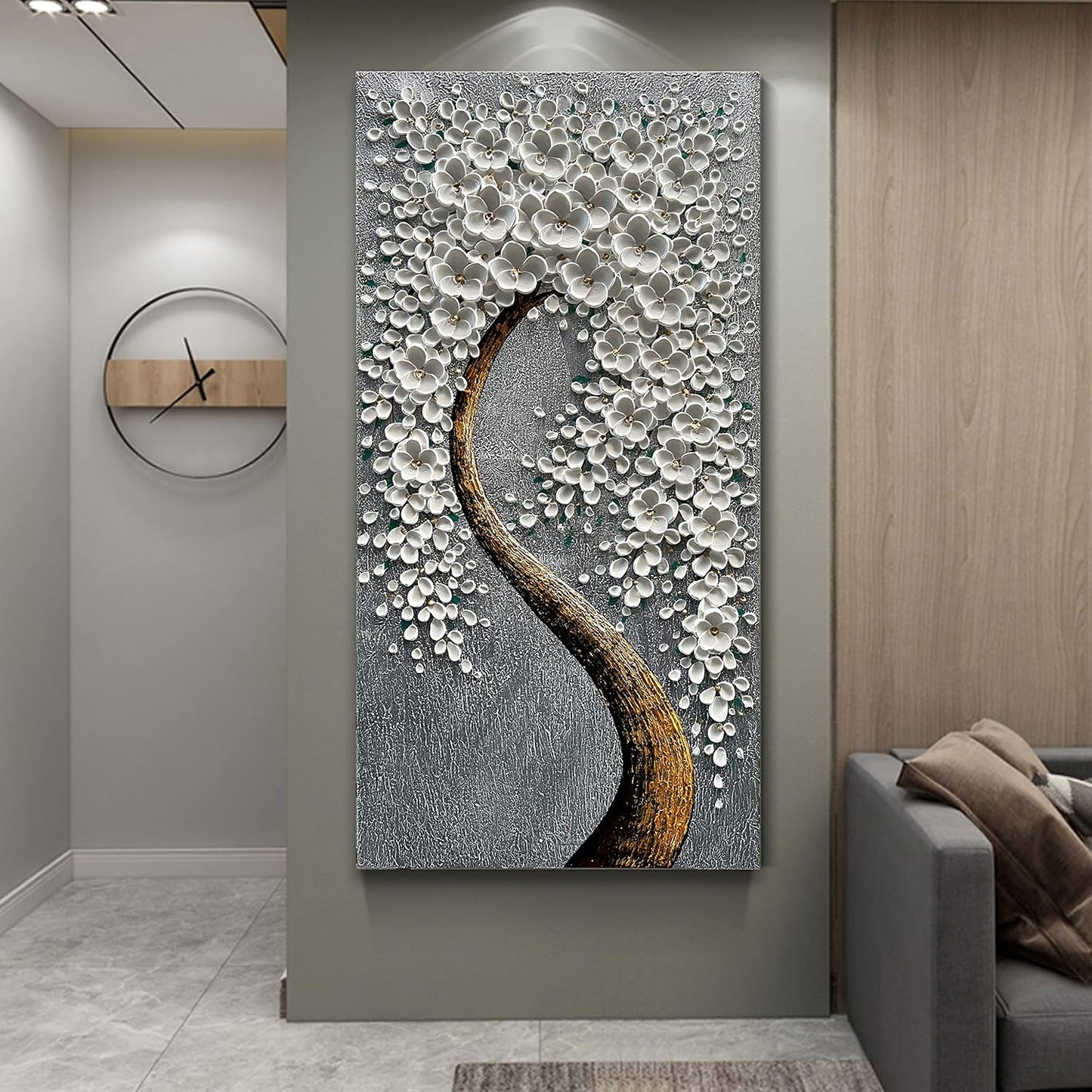 100% Hand-Painted 3D White Vertical Abstract Flower Tree Painting, Canvas Texture Mural, Living Room, Bedroom, Dining Room Mural 24x48 inchs