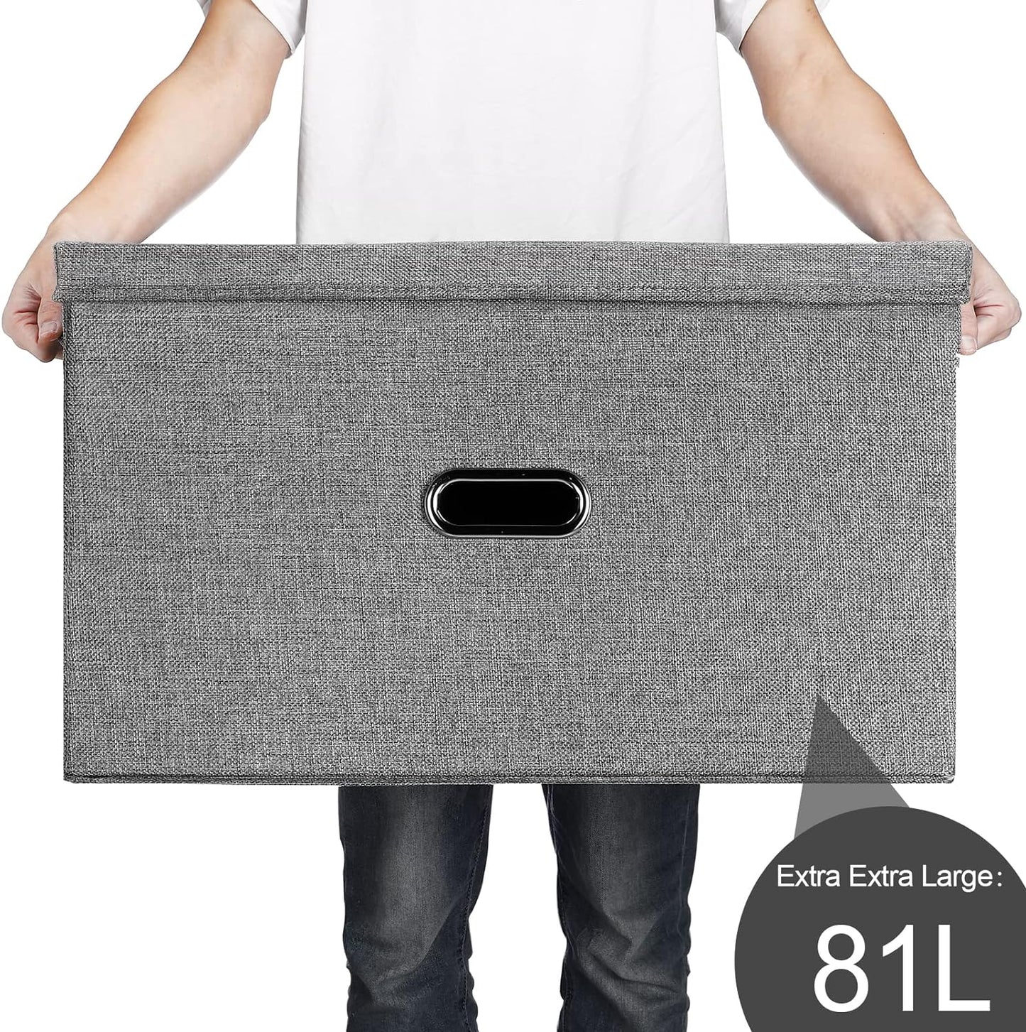 Large Linen Fabric Foldable Storage Bins with Removable Lid and Handles, Washable Storage Box Organizer Containers Baskets Cube with Cover for Bedroom,Closet,Nursery (Grey, XXL(2-Pack))