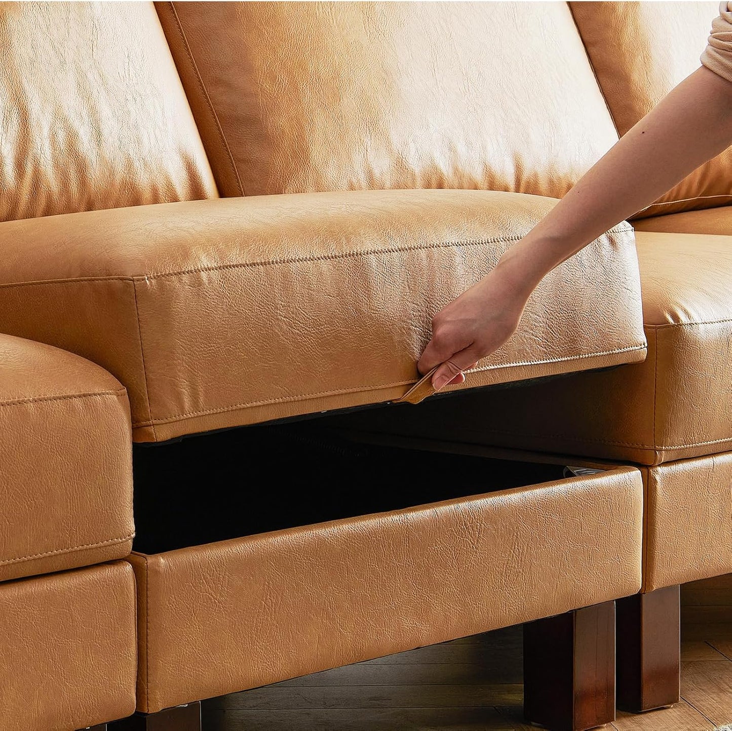 128'' Sleeper Couch, Large Sofa Bed with Storage, Faux Leather 8 Seater Sofa, Mid Century Modern Couch Sofa for Living Room, Guest Room, House, Apartment, Office, Loft, Tan