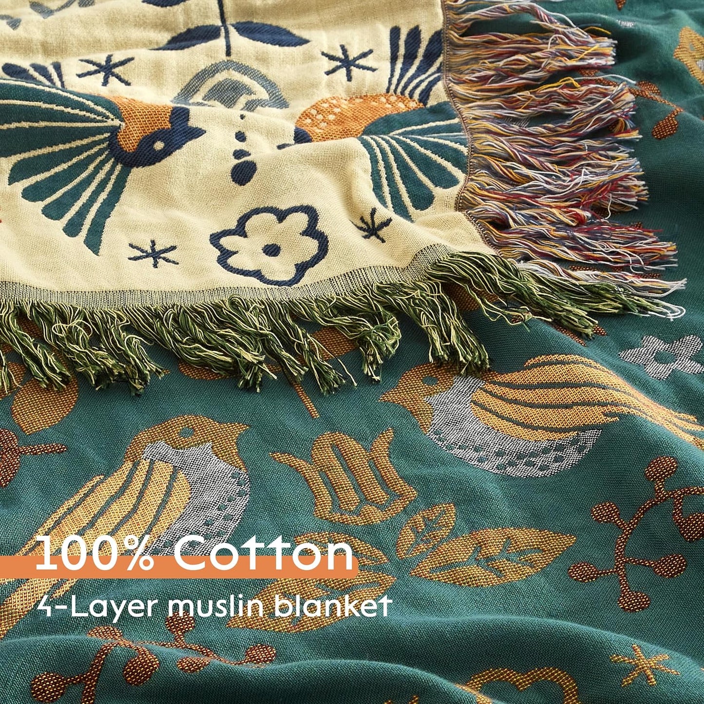 Boho Throw Blanket for Bed 60”x80”, 100% Cotton Woven Blanket for Couch Sofa, Ultra Soft 4-Layer Muslin Quilt with Bird Floral Printed, Farmhouse Bed Blanket/Cover for Living Room Decor