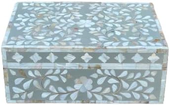 Decorative Wooden Storage Box with Mother of Pearl Inlay – Elegant Floral Design – Perfect for Home Décor in Living Room, Dining Area, or Bedroom (Grey, 12x8x5 inches)