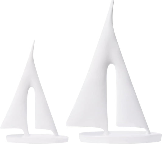 Modern Sculptures Home Decor, Sailboat Decor Ornament, Boat Decorations Statue Decor, Art Sculptures and Statues, Sailboat Gifts Home Office Bathroom Shelf Decor (White-2 Pack)