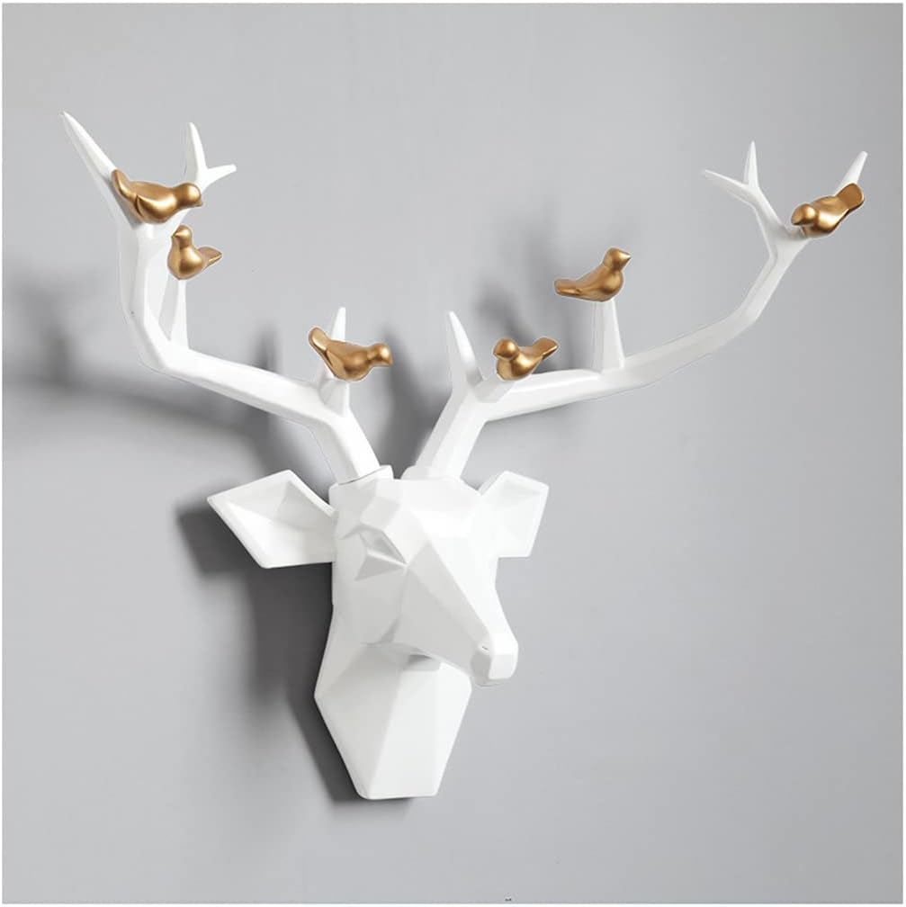 Deer Head Wall Decor Geometric Rustic Wall Mounted Deer Head, Faux Taxidermy Animal Head Wall Art Pendant, Handmade Resin Head Sculptures for Porch, Detachable Antlers, 6 Styles(White,21.8x15.7IN)
