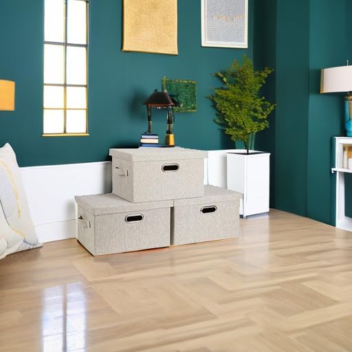 Medium 15" 21 Quart Collapsible Stackable Storage Bins with Lids, 3 Packs Beige Foldable Fabric Closet Boxes Heavy-duty Linen Cube Baskets Container for Bedroom Office (15 x 11 x 8)