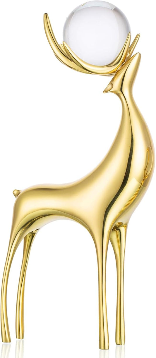 Sziqiqi Brass Reindeer Christmas Statue - Deer Sculpture for Living Room Decor - Gold Metal Reindeer Antler Animal for Tabletop
