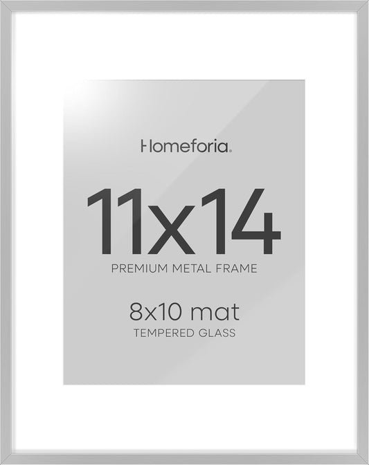 Homeforia 11x14 Picture Frame Silver, High End Metal 11x14 Frames with Mat 8x10, 11 x 14 Silver Poster Frame Matted to 8 x 10 inch Photo, 11by14 Thin Hanging Frames, Tempered Glass, Wall Kit, Set of 1