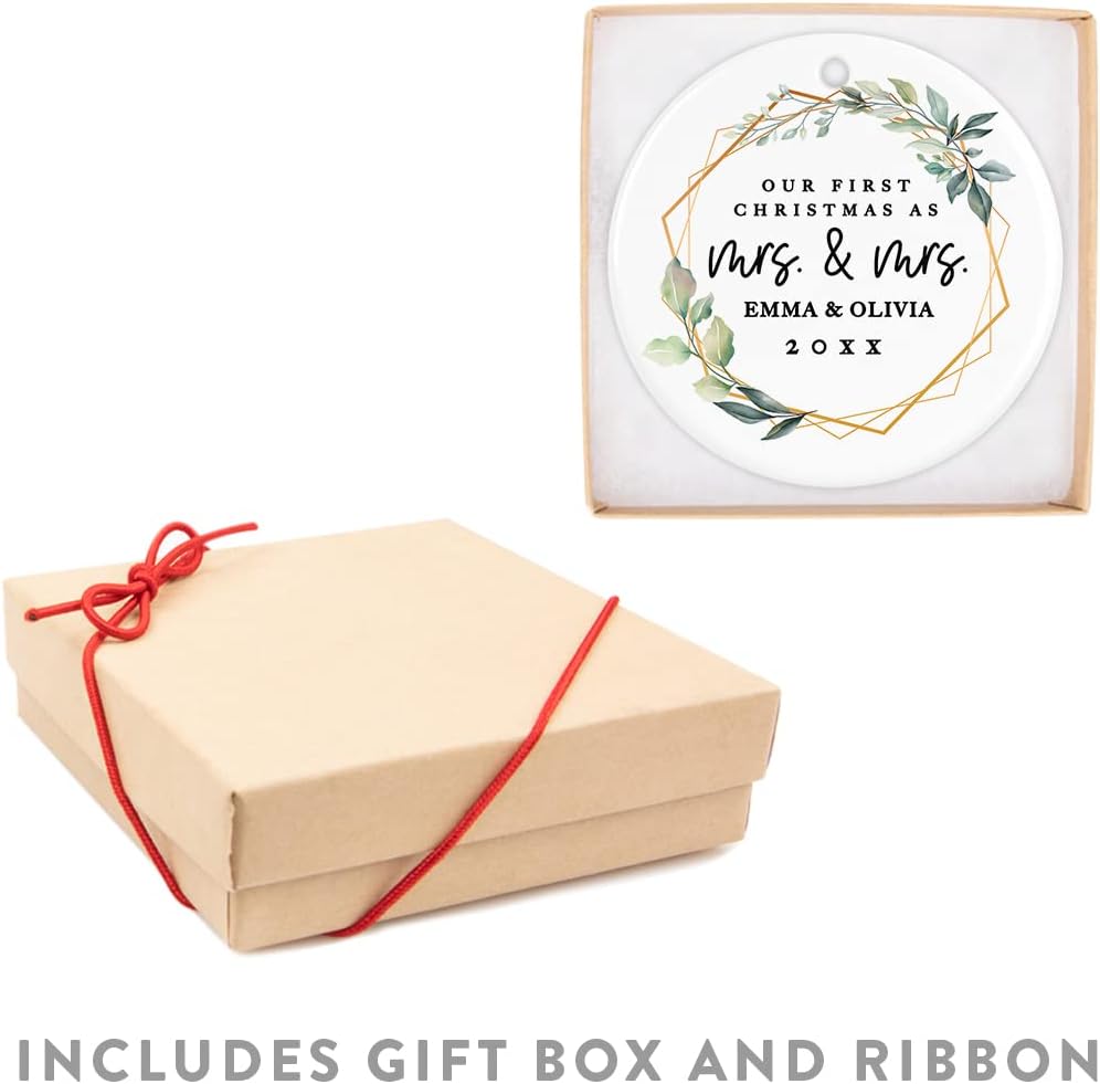 Andaz Press Personalized Our First Christmas As Mrs. & Mrs. 2025 Christmas Ornaments Geometric Greenery 2.8" Round Porcelain Ceramic Lesbian Married Couple Gay Women Newlyweds Wedding Keepsake 1-Pack