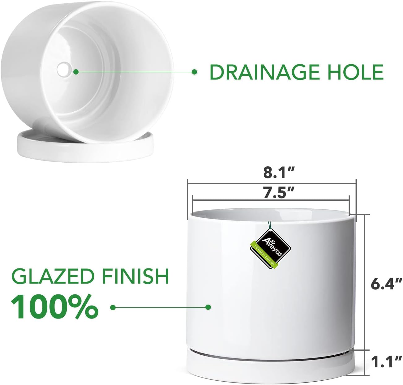 Aveyas 8 inch Ceramic Plant Pot with Drainage Hole and Saucer - Suitable for Indoor and Outdoor Use, Modern Planters for House Garden Flower Tree Snake Monstera Plants (8", Glossy White)