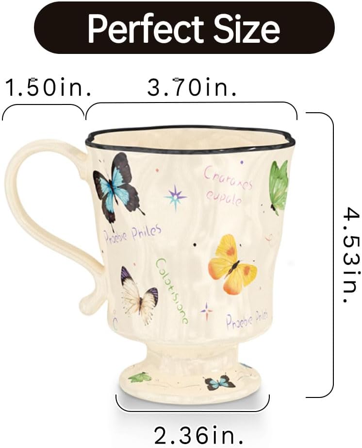 360ml -12.17oz Painted Butterfly Ceramic Mug - Cute Coffee Cup for Latte, Espresso - Gift for Women, Dishwasher Safe