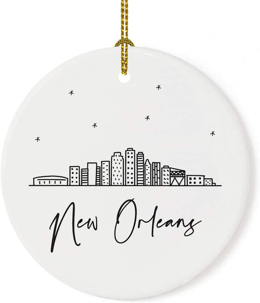 Andaz Press Round Ceramic Porcelain Christmas Tree Ornament Keepsake Gift, New Orleans, Black and White Stars City Skyline Graphic, 1-Pack, Birthday Ideas Family Coworker Him Her, Includes Gift Box
