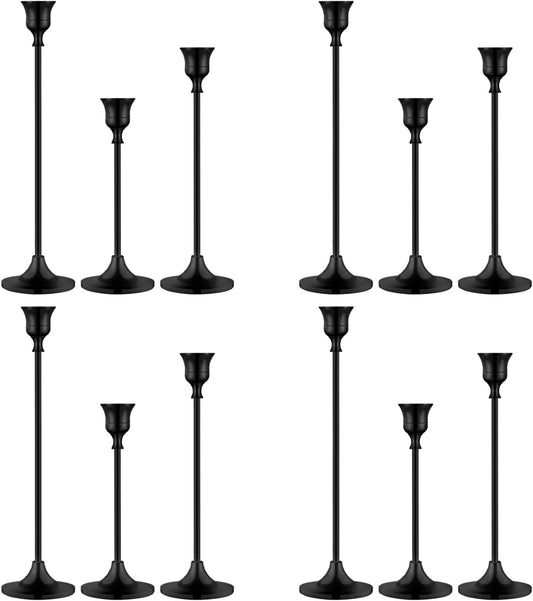 Metal Candle Holders for Candlesticks Taper Candlestick Holders Set Vintage Decorative Centerpiece Candelabra Tall Candle Stands for Halloween Thanksgiving Christmas (Matt Black, 4 Sets (12 pcs))