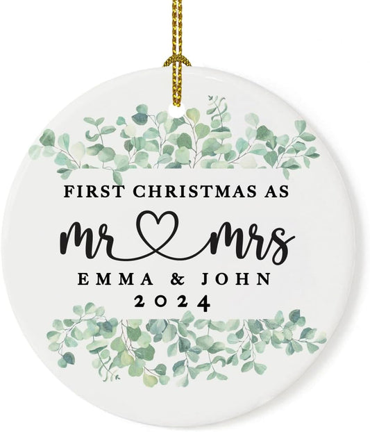 Andaz Press Personalized Our First Christmas As Mr. & Mrs. 2024 Christmas Ornaments Greenery Eucalyptus 2.8" Round Porcelain Ceramic 1st Year Married Custom Ornament Keepsake for Newlyweds 1-Pack