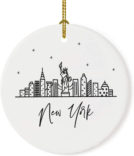 Andaz Press Round Ceramic Porcelain Christmas Tree Ornament, New York, Black And White Stars City Skyline 1-Pack Birthday Ideas Family Coworker, NYC Christmas Ornament New York City Christmas Ornament