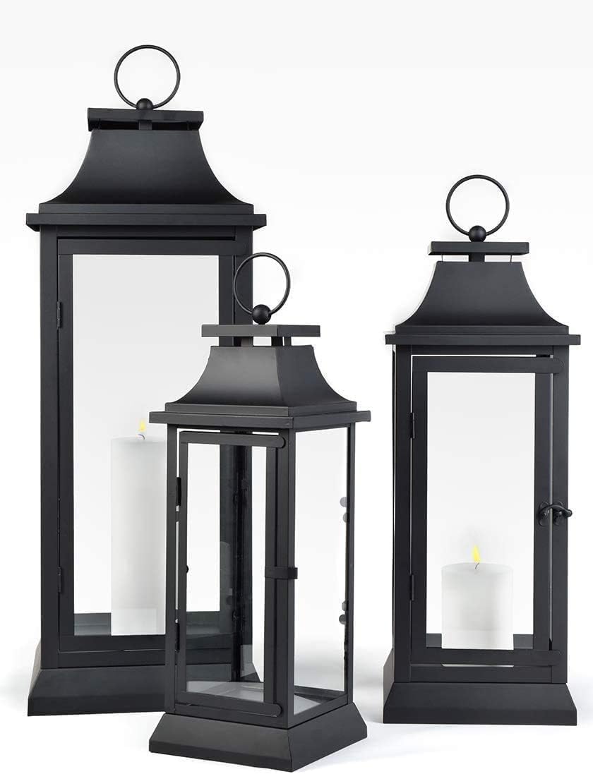 Serene Spaces Living Set of 4 Black Hurricane Lanterns with Clear Glass Panels - Ideal for Home Decor, Parties & Events - Table Top or Hanging Lantern for Indoor & Outdoor Use - Measures 15" Tall