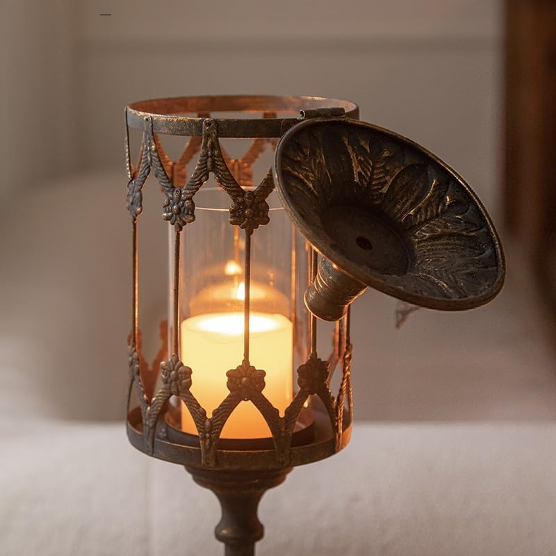 Vintage Floor Candelabra - 37.1" Tall Antique Gold Candle Holder with Glass Lantern, Rustic Gothic Metal Pillar Stand for Home Decor, Wedding & Event Centerpiece