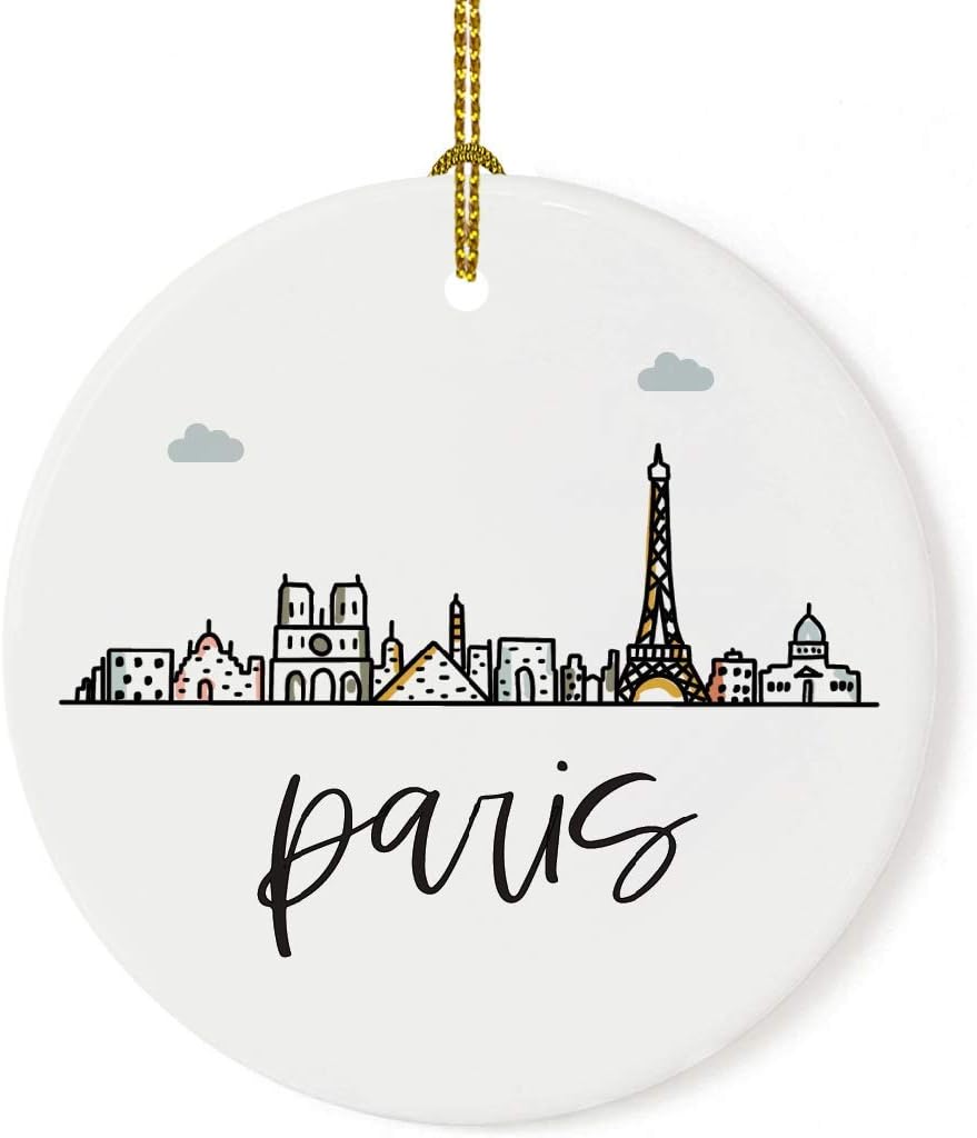 Andaz Press Round Ceramic Porcelain Christmas Tree Ornament Keepsake Gift, Paris, Colorful International City Skyline Graphic, 1-Pack, Birthday Ideas Family Coworker Him Her, Gift Box