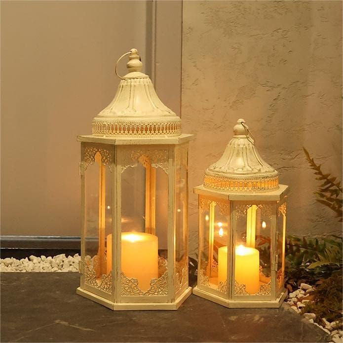 NEEDOMO Lanterns Decorative Outdoor & Indoor, Set of 2 Outdoor Lanterns for Porch,Large Candle Lantern, Beige Metal Frame with Glass for Fall, Christmas