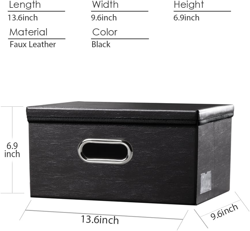 PRANDOM Collapsible Storage Box with Lid [3-Pack] Leather Fabric Foldable Storage Bin Organizer Container Basket Cube with Cover for Home Bedroom Closet Office Nursery Black(13.6x9.6x6.9)