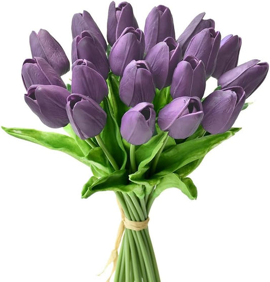 Mandy's Artificial Tulips 20 Stems Purple PU Faux Flowers for Wedding Home Decor 13.5 Inch