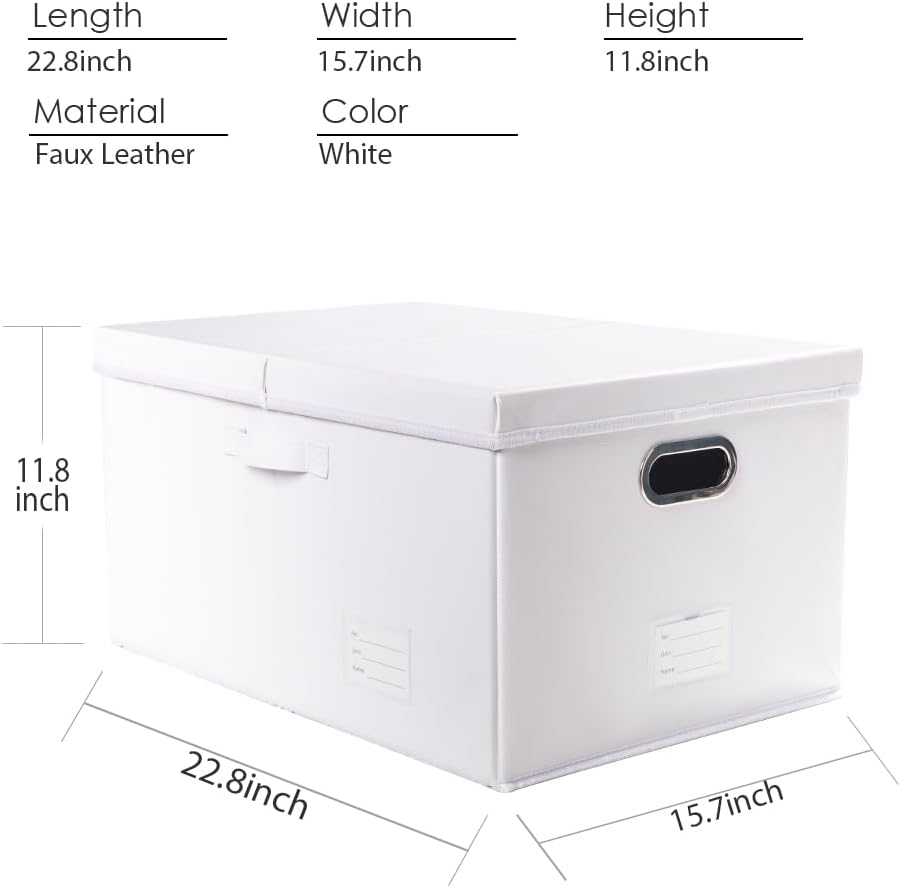 PRANDOM Collapsible Storage Box with Lid [3-Pack] Leather Fabric Foldable Storage Bin Organizer Container Basket Cube with Cover for Home Bedroom Closet Office Nursery White(22.8X15.7X11.8)