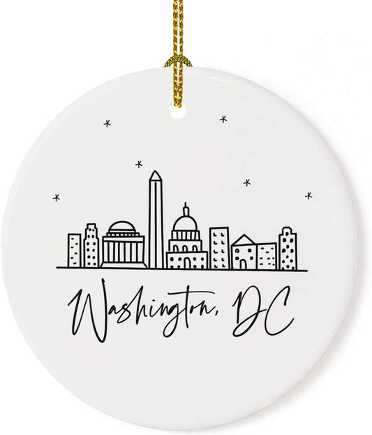Andaz Press Round Ceramic Porcelain Christmas Tree Ornament, Washington, DC, Black and White Stars City Skyline, 1-Pack, Birthday Family Coworker, Includes Gift Box Washington DC Christmas Ornament