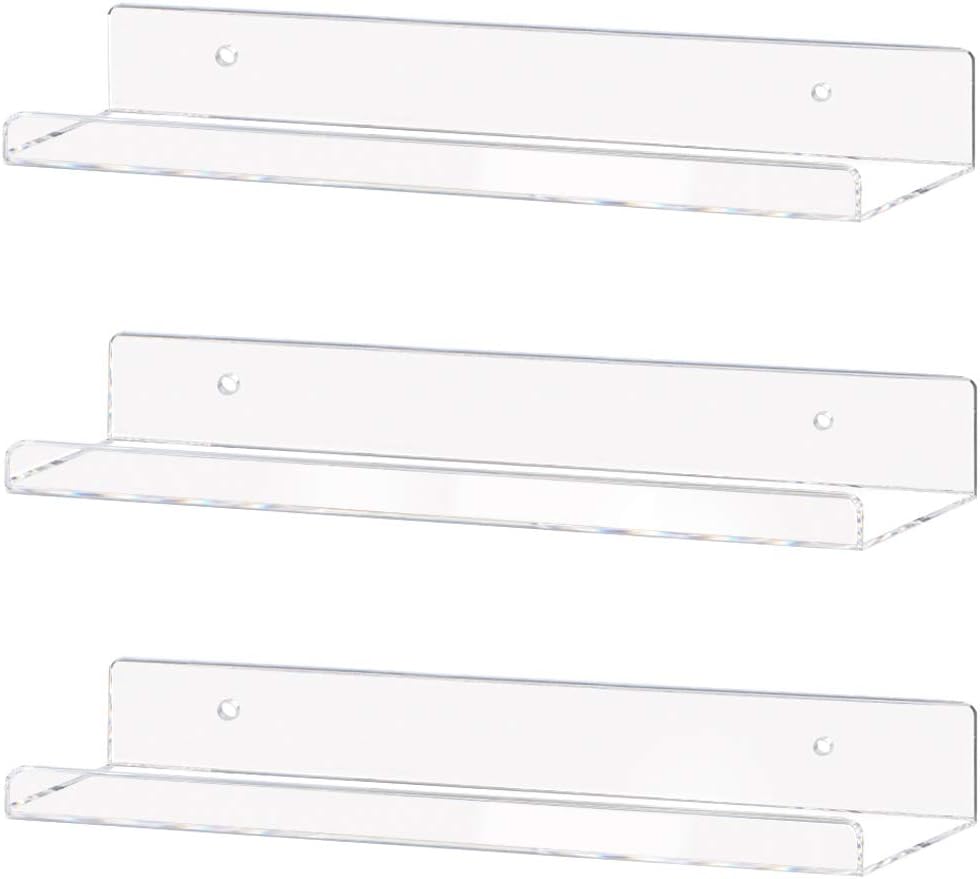 Weiai Clear Acrylic Shelf 15" Invisible Floating Wall Ledge Bookshelf, Kids Book Display Shelves Wall Mounted (15 Inch 3Pack)