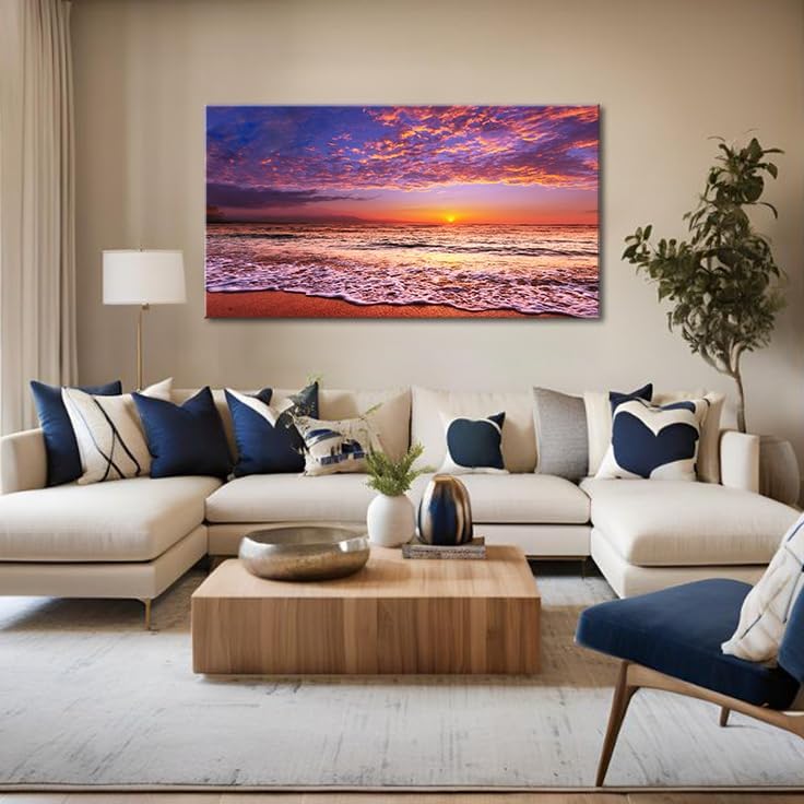 Beach Wall Art Sunset Canvas Pictures, Seascape Theme Art Wall Pictures, Coastal Ocean Wave Paintings,Modern Cloud Artwork for Bedroom Living Room Bathroom Home Office Decorations 20X40 Inches
