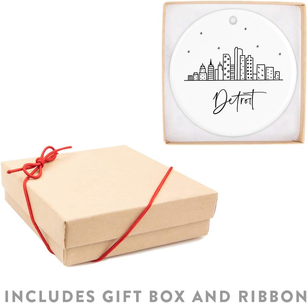 Andaz Press Round Ceramic Porcelain Christmas Tree Ornament Keepsake, Detroit Black and White Stars City Skyline Graphic, 1-Pack, Birthday Gift Idea for Family, Coworker, Him, Her, Includes Gift Box