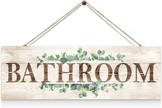 Bathroom Sign Wall Decor, Bathroom Wall Art with Plant Print, Rustic Farmhouse Wall Hanging Plaque Home Kitchen Decorative Bathroom, 4.7 x 13.7 inches