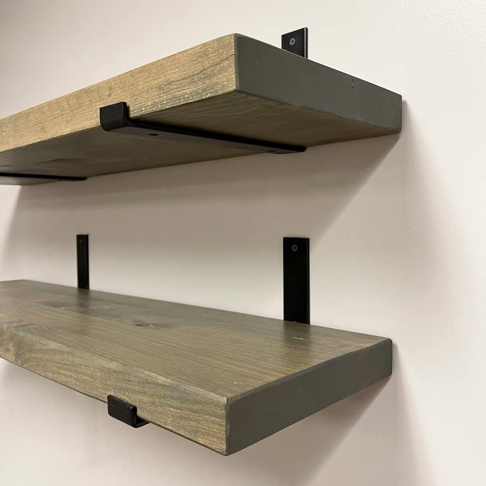 Rustic Shelves with J-Brackets Set of 2, Industrial Shelf, Kitchen Shelves, Solid Wood, Decorative Wall Storage, Heavy Duty, URBANDI (Grey, 24Wx6D)