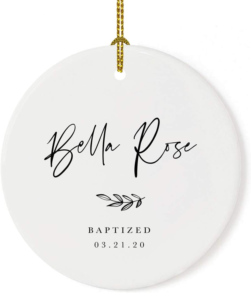 Andaz Press Personalized Round Ceramic Porcelain Christmas Tree Ornament Engagement Collectible Gift for Baby, Ava Marie Carter Baptized 03.21.20, Antique Handdrawn, 1-Pack